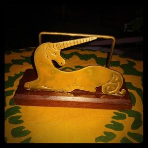 Vintage brass wood unicorn napkin holder